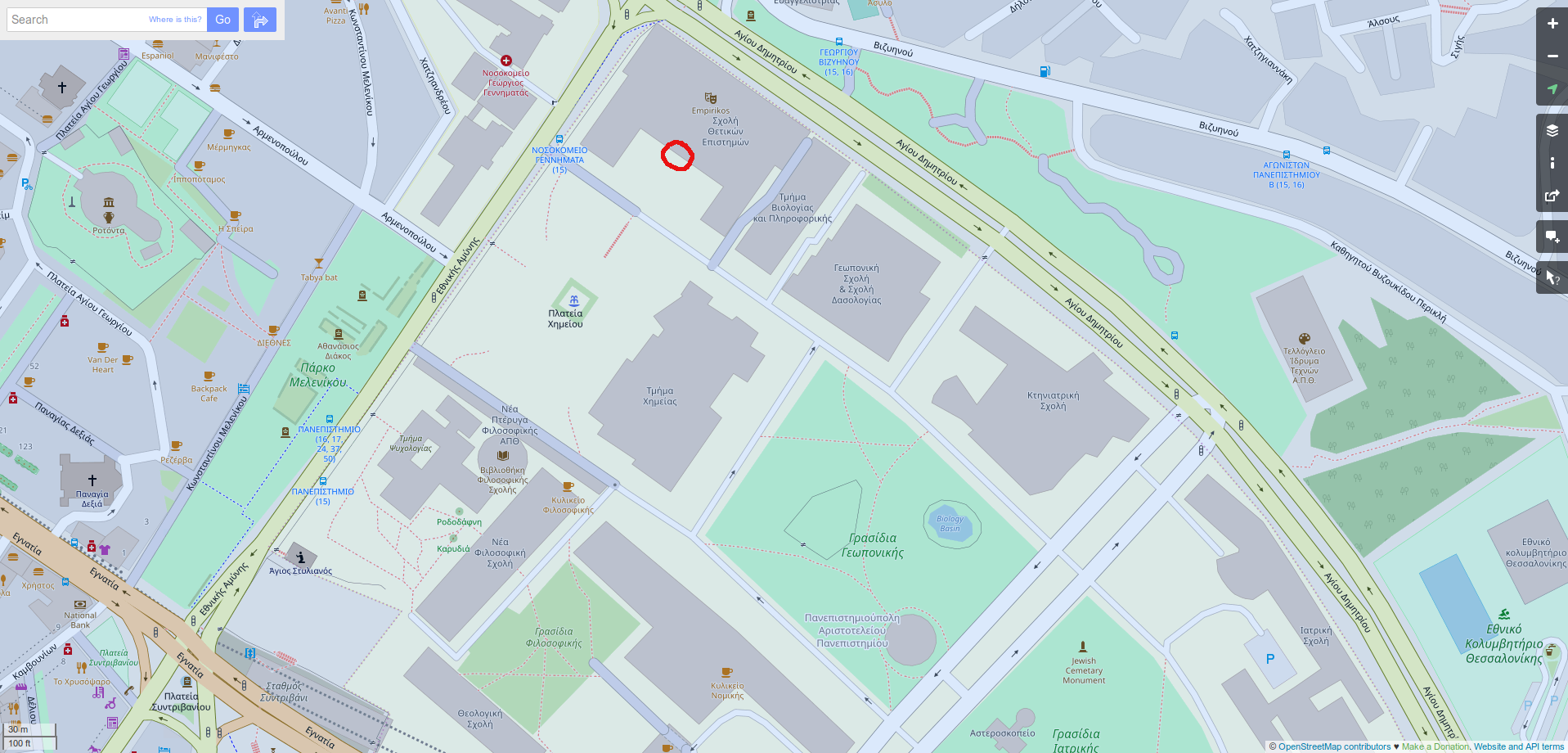 Map marking the main entrance of the Old Building of the Faculty of Sciences.